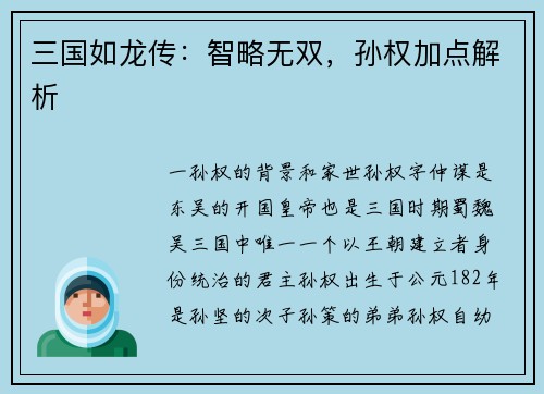 三国如龙传：智略无双，孙权加点解析