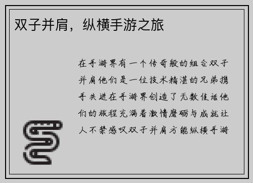 双子并肩，纵横手游之旅
