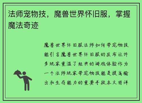法师宠物技，魔兽世界怀旧服，掌握魔法奇迹